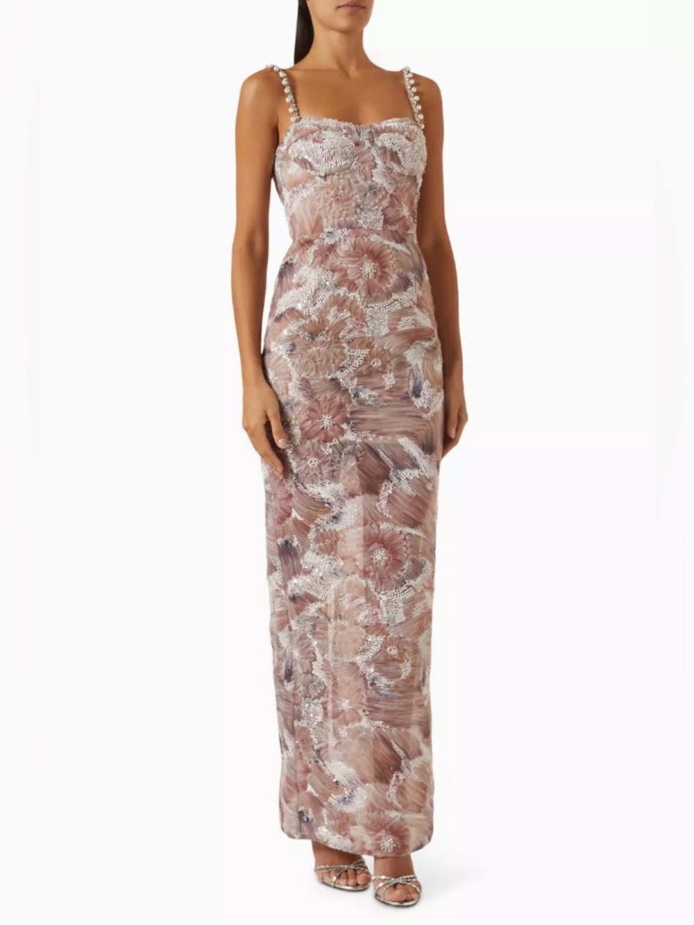 Bronx & Banco Eva Dahlia Floral Pearl Embellished Column Maxi Gown NWOT